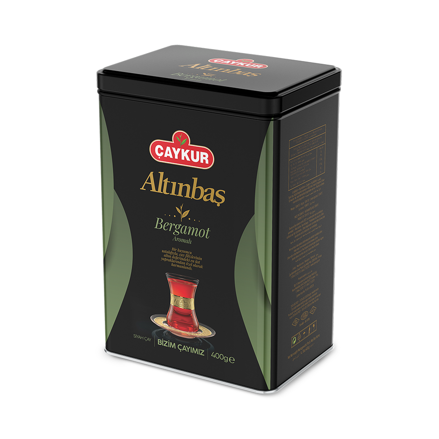 Altınbaş Bergamotlu Çay Kutusu, 400 gr, ÇAYKUR markasıyla bergamot aromalı teneke çay kutusu, yeşil ve altın renkli tasarım.