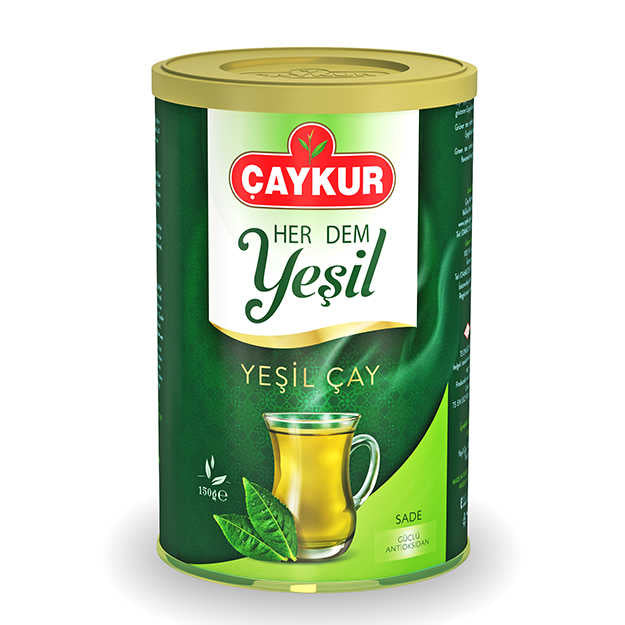 ÇAYKUR Yaprak Yeşil Çay teneke kutu, 150 gr yeşil çay yaprakları, doğal ve taze görünüm.