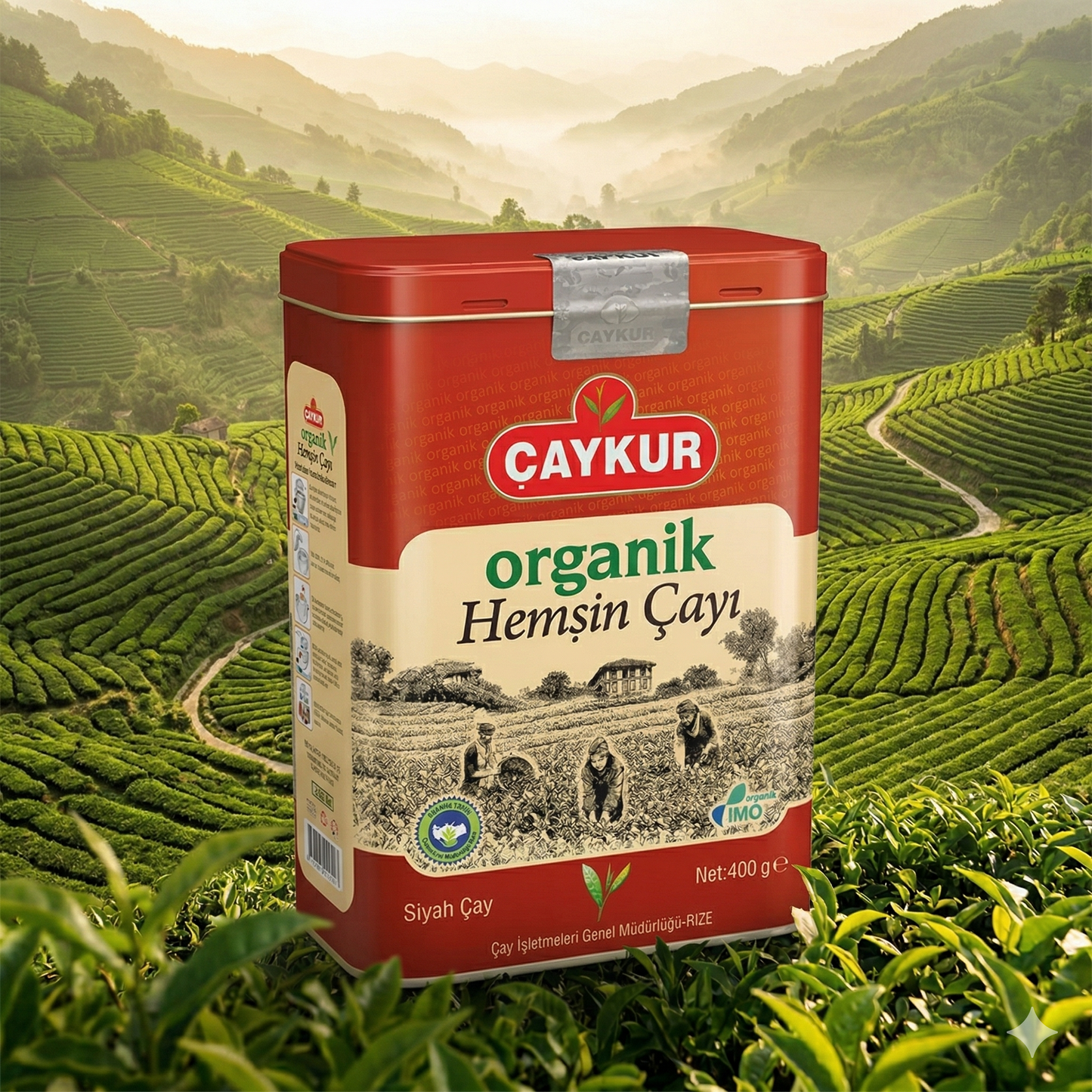 Çaykur Organik Hemşin Çayı teneke kutuda, 400 gr. Organik, yeşil çay yaprakları ve doğal görünüm.