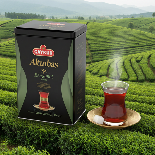 Altınbaş bergamotlu ÇAYKUR teneke kutu içinde 400 gr çay görüntüsü.