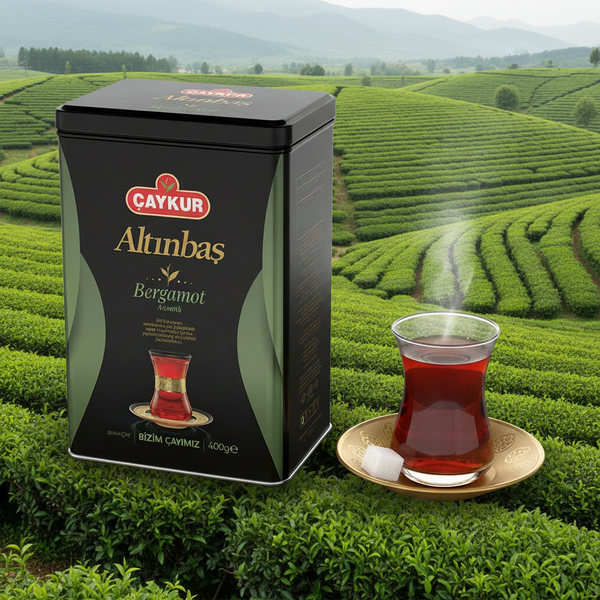Altınbaş bergamotlu ÇAYKUR teneke kutu içinde 400 gr çay görüntüsü.