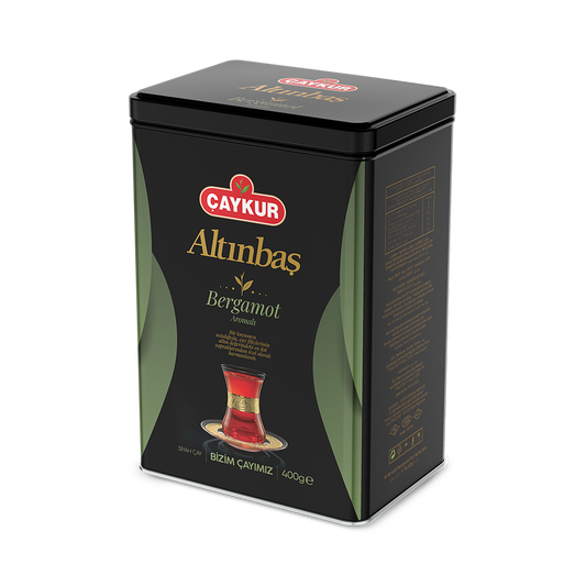 Altınbaş Bergamotlu Çay Kutusu, 400 gr, ÇAYKUR markasıyla bergamot aromalı teneke çay kutusu, yeşil ve altın renkli tasarım.