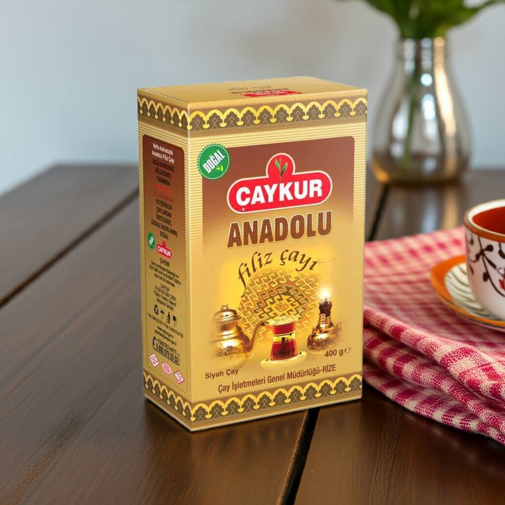 Anadolu Filiz Çayı ÇAYKUR markalı 400 gr paket, taze ve doğal yeşil çay yaprakları görüntüsü.