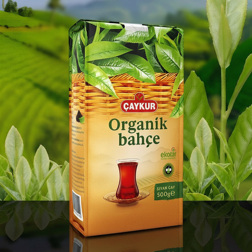 ÇAYKUR organik bahçe çayı, 500 gramlık paket, kuru ve taze bahçe çayı yaprakları, doğal görünümlü ürün.