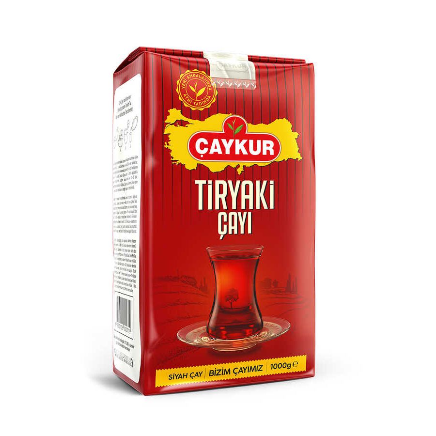 Çaykur Tiryaki Çayı 1 kg, siyah çay paketinin yakın görünümü, kuru yapraklar ve ürün etiketi detaylarıyla.