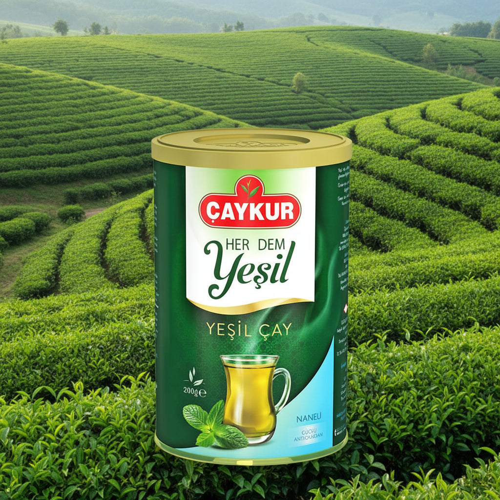 Yaprak yeşil çay ve nane içeren ÇAYKUR teneke kutusunda 200 gr yeşil çay görüntüsü